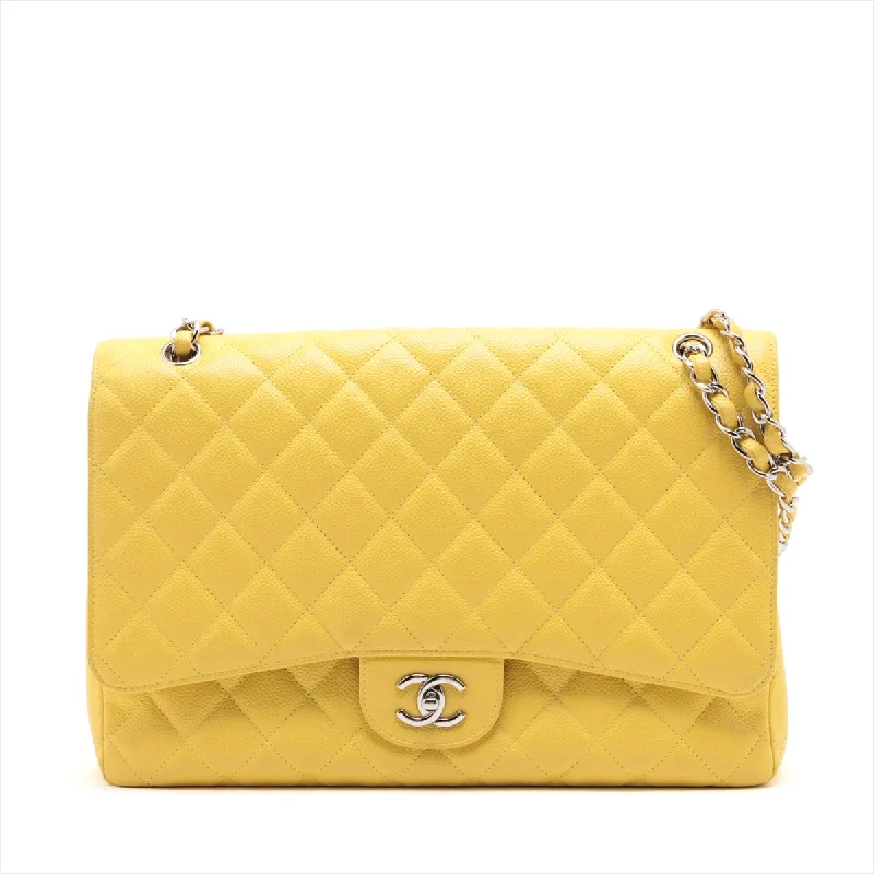 CHANEL bags with luxurious interior -CHANEL DECAMATRASSE 34 MAXI Caviar S Single Flap Double Chain Bag Yellow Silver  13th A58601