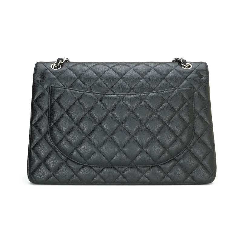 CHANEL bags with leather lining -Chanel Double Flap Maxi Black Caviar Silver Hardware 2014