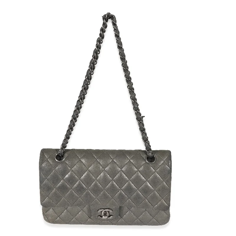 CHANEL bags for professional women -CHANEL Grey Metallic Nubuck Medium Classic Double Flap