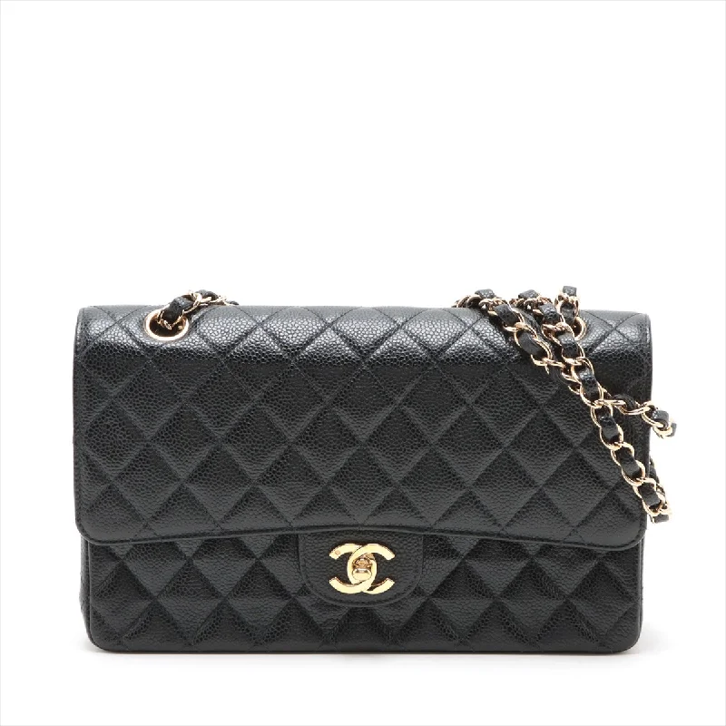 CHANEL bags with iconic color schemes -Chanel Matrasse 25 Caviar S Double Flap Double Chain Bag Black Silver  8th A01112