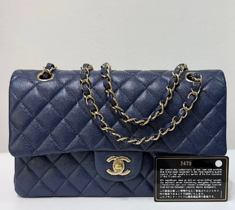 Buy CHANEL bags with sleek hardware -Chanel Medium Classic Caviar Double Flap Navy Blue Bag LSHW