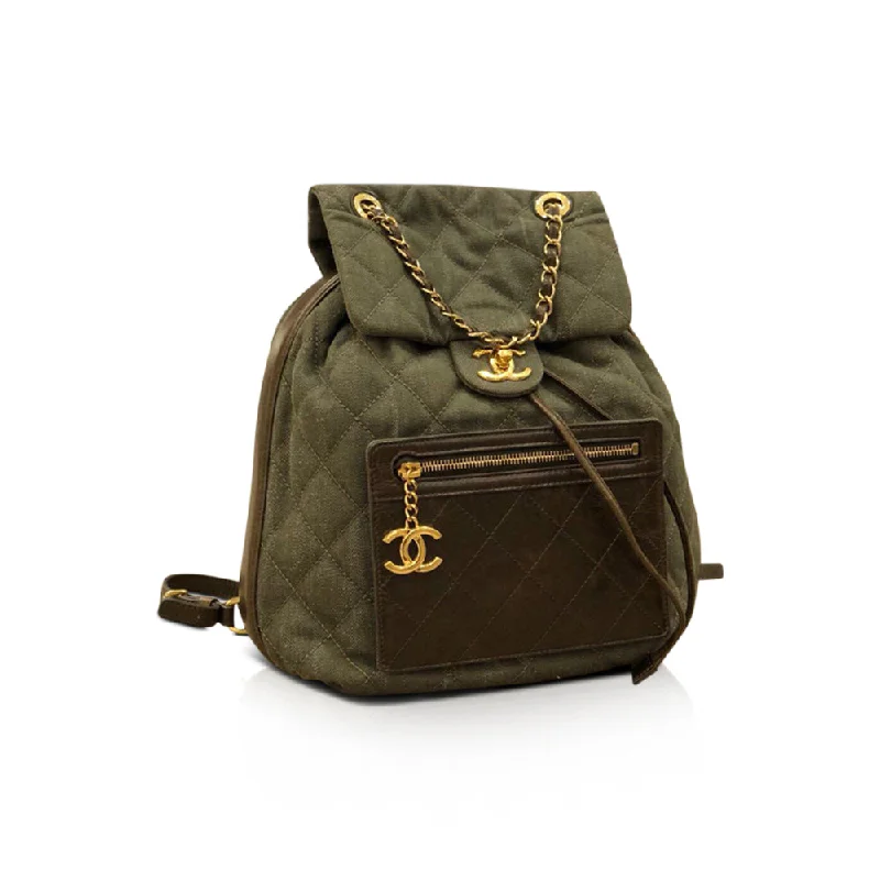 CHANEL bags for every season -CC Drawstring Quilted Green Denim Medium Backpack with Front Pocket