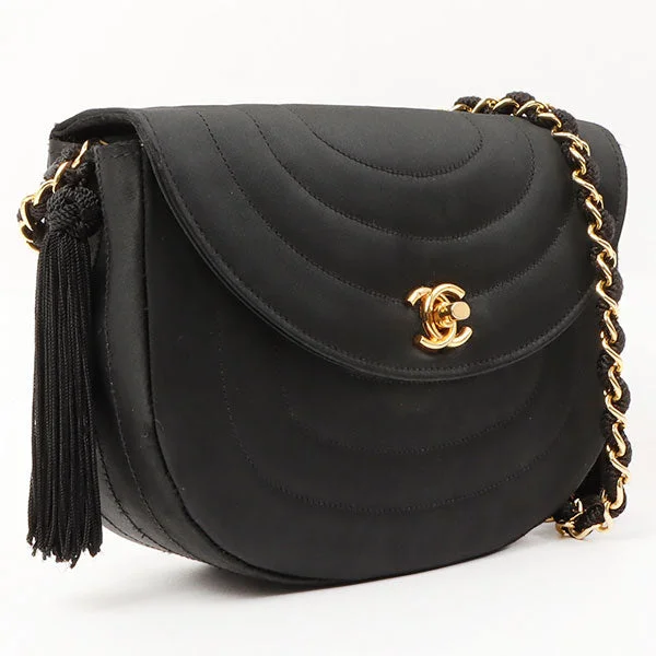 Trendy CHANEL bags for stylish women -Chanel Silk Satin Round Flap Turn-Lock Fringe Chain Bag Black